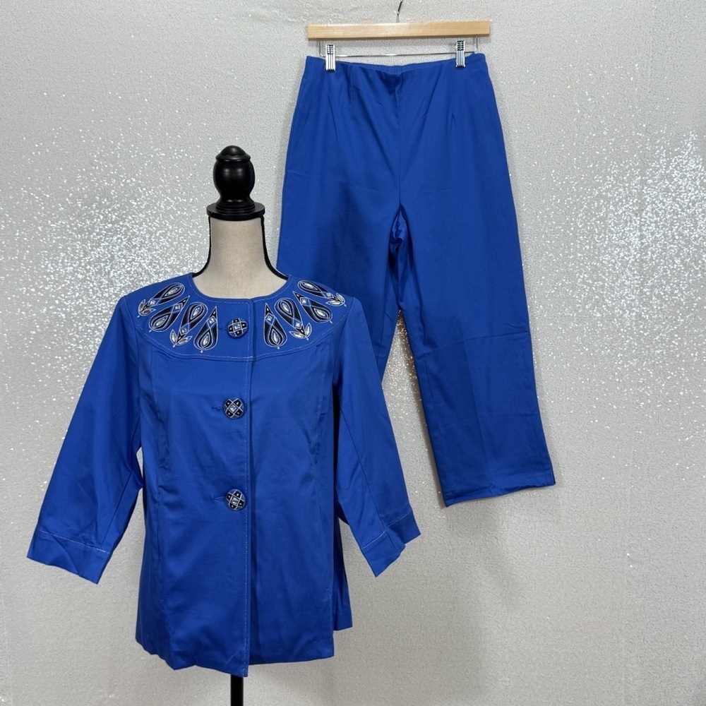 Bob Mackie Wearable Art Blue Embellished Jacket & Pants Set Small Beaded